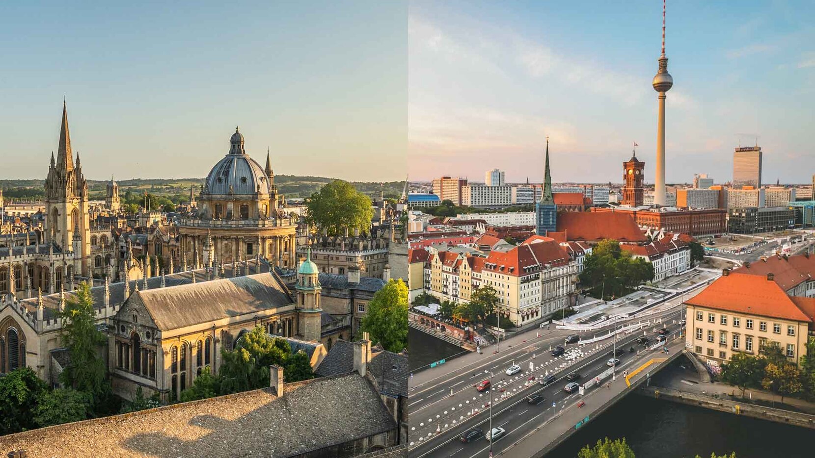 Collage Luftansicht University of Oxford und Berlin-Mitte mit Fernsehturm, Brain City Berlin