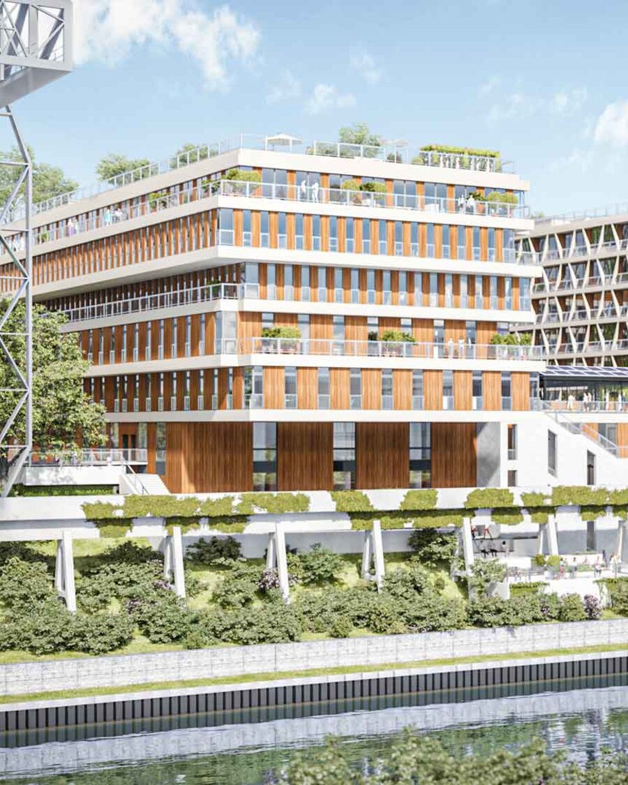 Ansicht des Food Campus Berlin – von der Fluss-Seite aus.