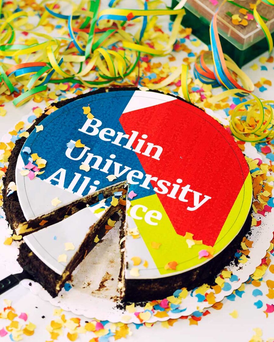 Angeschnittene Torte mit Schriftzug "Berlin University Alliance"; Brain City Berlin